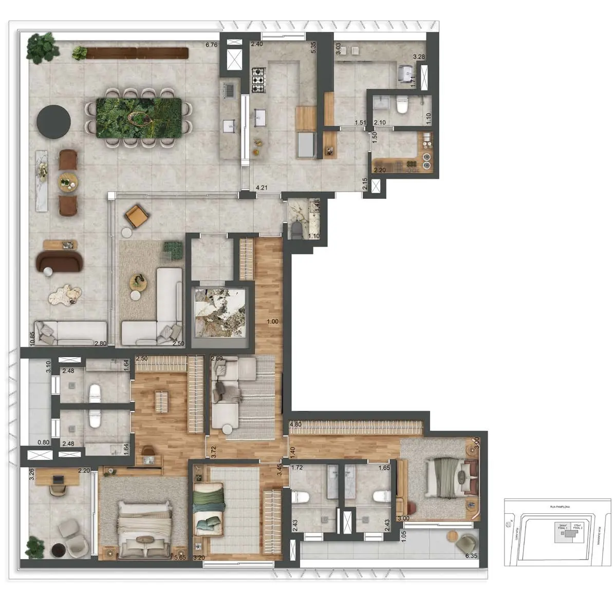 Planta do apartamento de 188 m² com 3 suítes